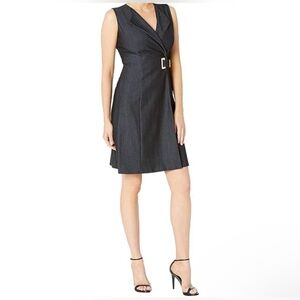 Calvin Klein Black Sleeveless V-Neck Midi Dress with Gold Buckle
